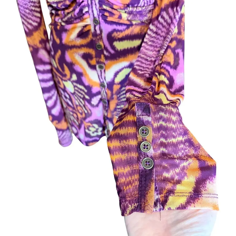 Free People Lucky Shirtee Sheer Mesh Top S Purple Y2K Button Front phoebe buffet
